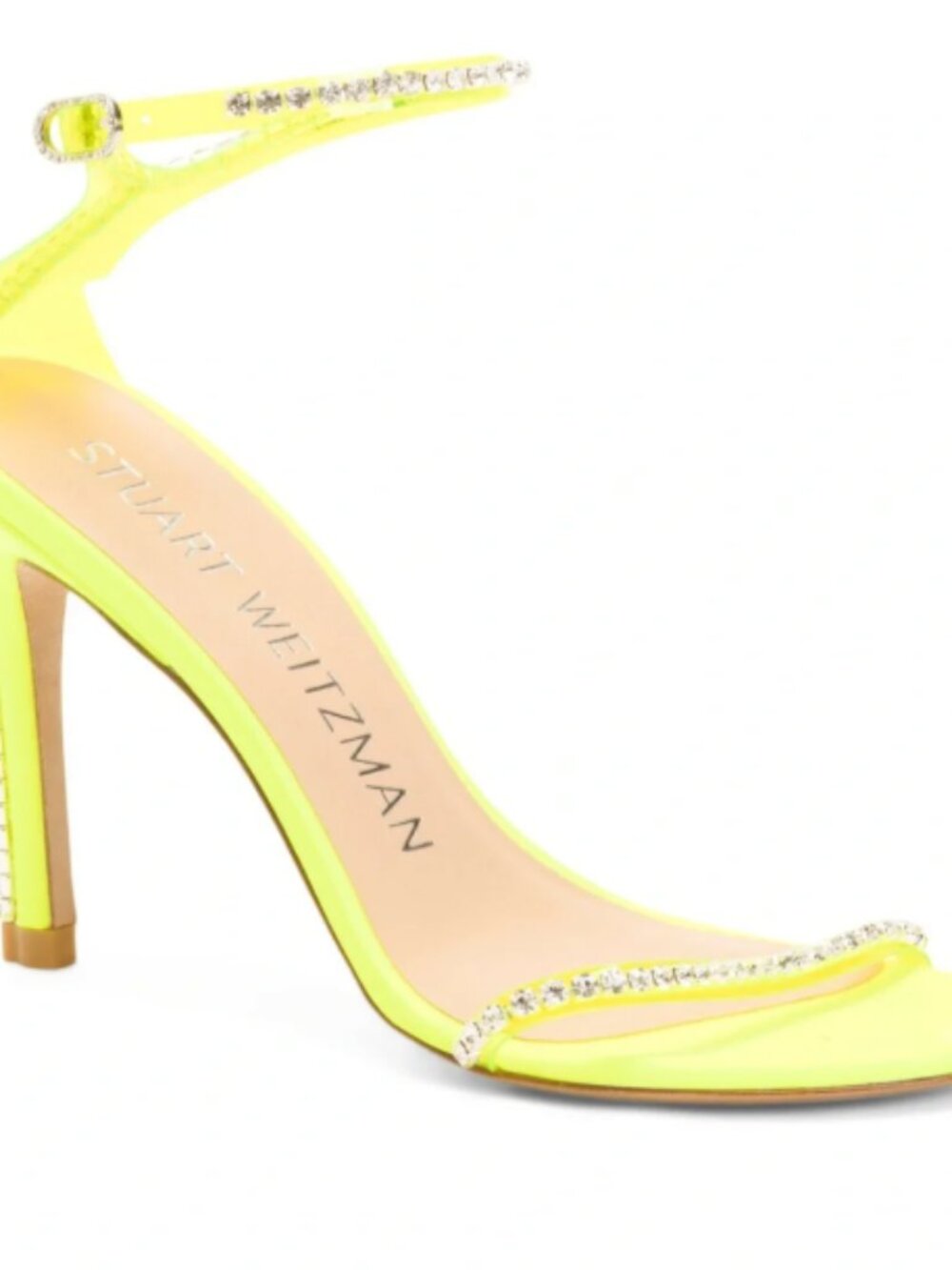 NIB Stuart Weitzman NudistGlam 100 Sandal — Fluo Yellow PVC/Crystal, 7.5 B